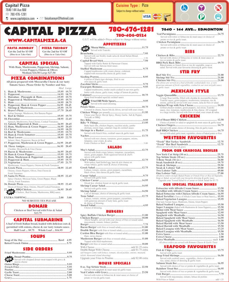 Capital Pizza & Steakhouse Edmonton, AB 7640 144 Ave NW Canpages