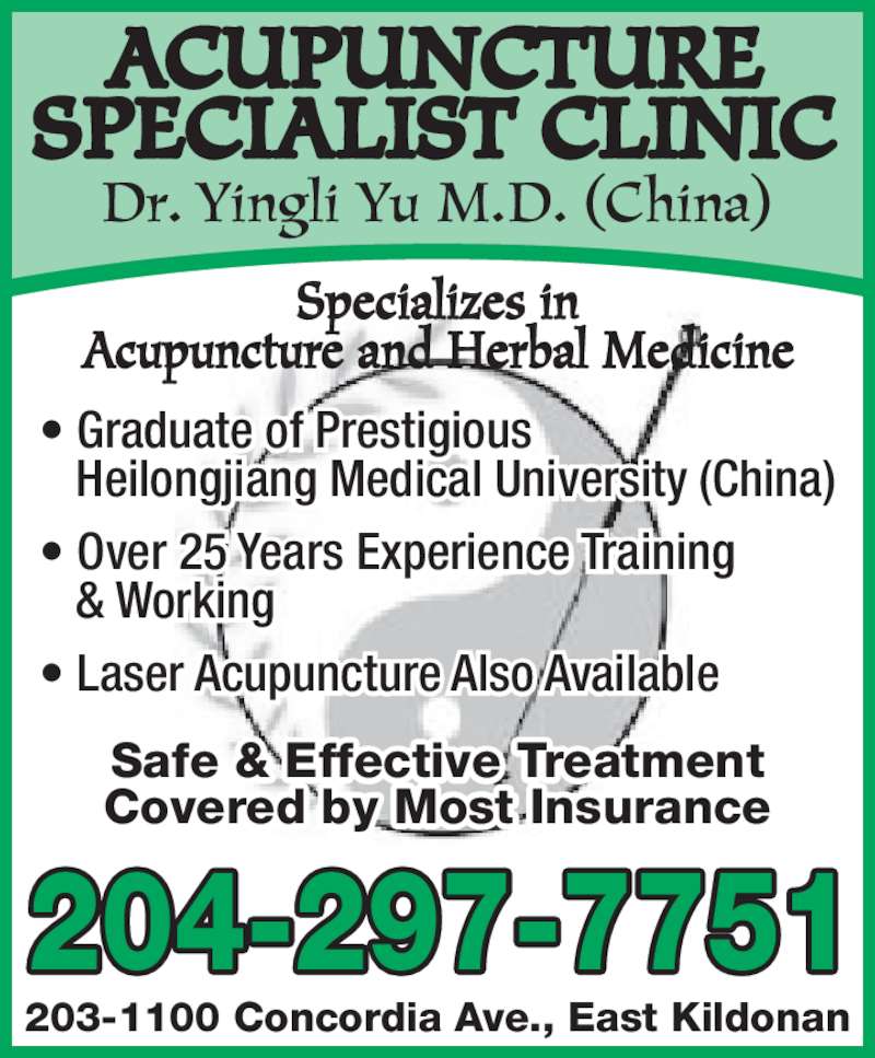 Yu Dr Acupuncture Specialist Winnipeg, MB 2031100 Concordia Ave