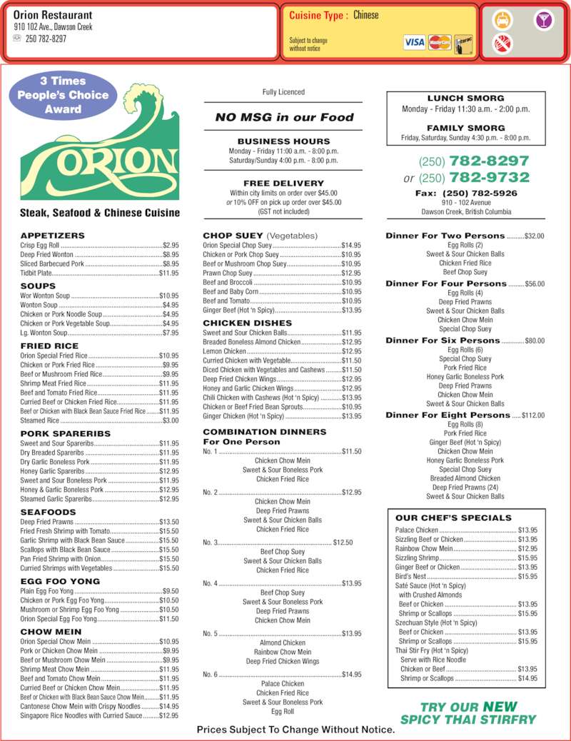 Orion Restaurant Menu, Hours & Prices 910 102 Ave, Dawson Creek, BC