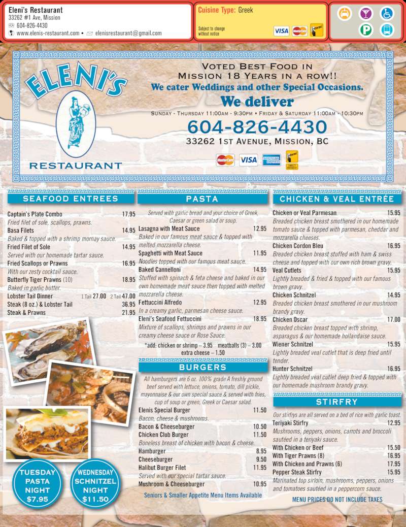 Eleni's Restaurant Menu, Hours & Prices 33258 1st Ave, Mission, BC