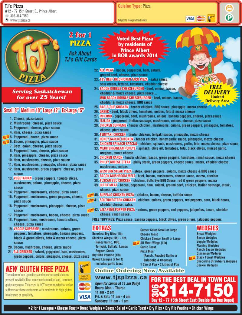 T J's Pizza Prince Albert, SK 1277 15th St E Canpages