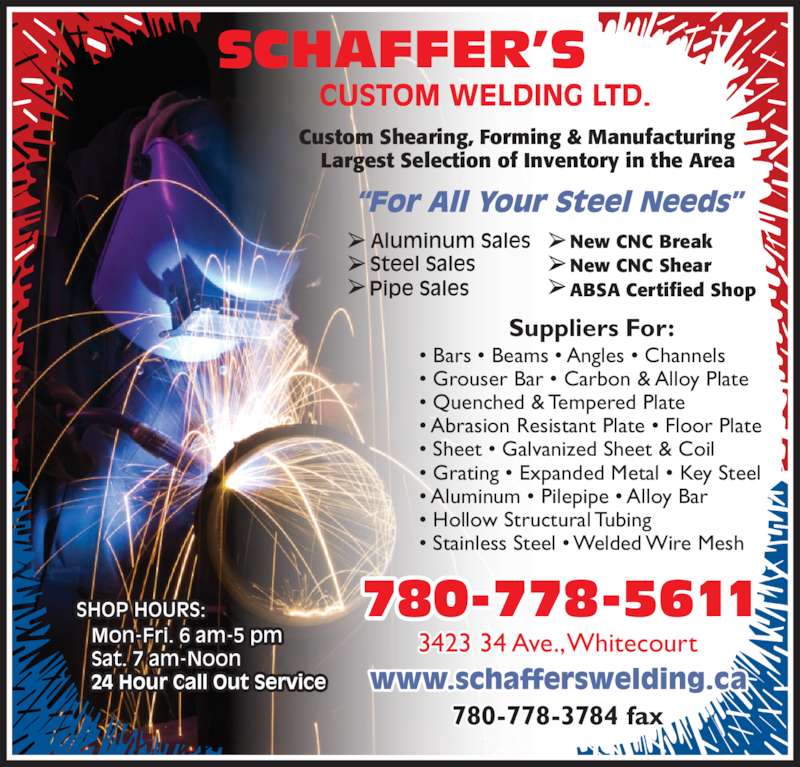 Schaffer's Custom Welding Ltd Opening Hours 3423 34 Ave, Whitecourt, AB
