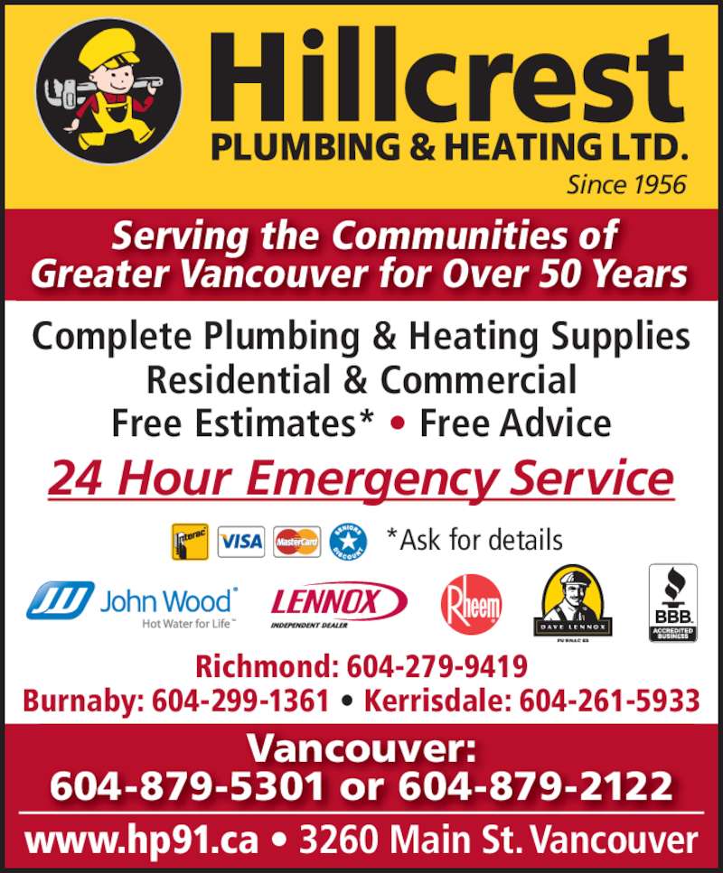 Hillcrest Plumbing & Heating Opening Hours 3260 Main St, Vancouver, BC