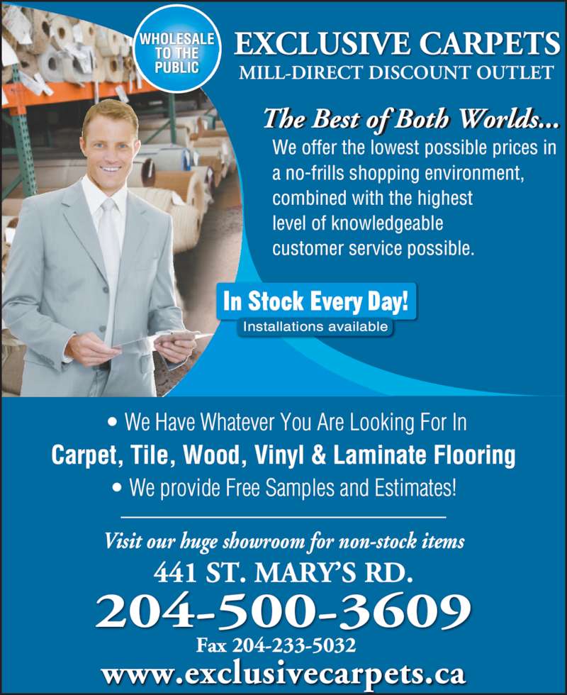 Exclusive Carpets 2008 Ltd Opening Hours 441 St Mary's Rd, Winnipeg, MB