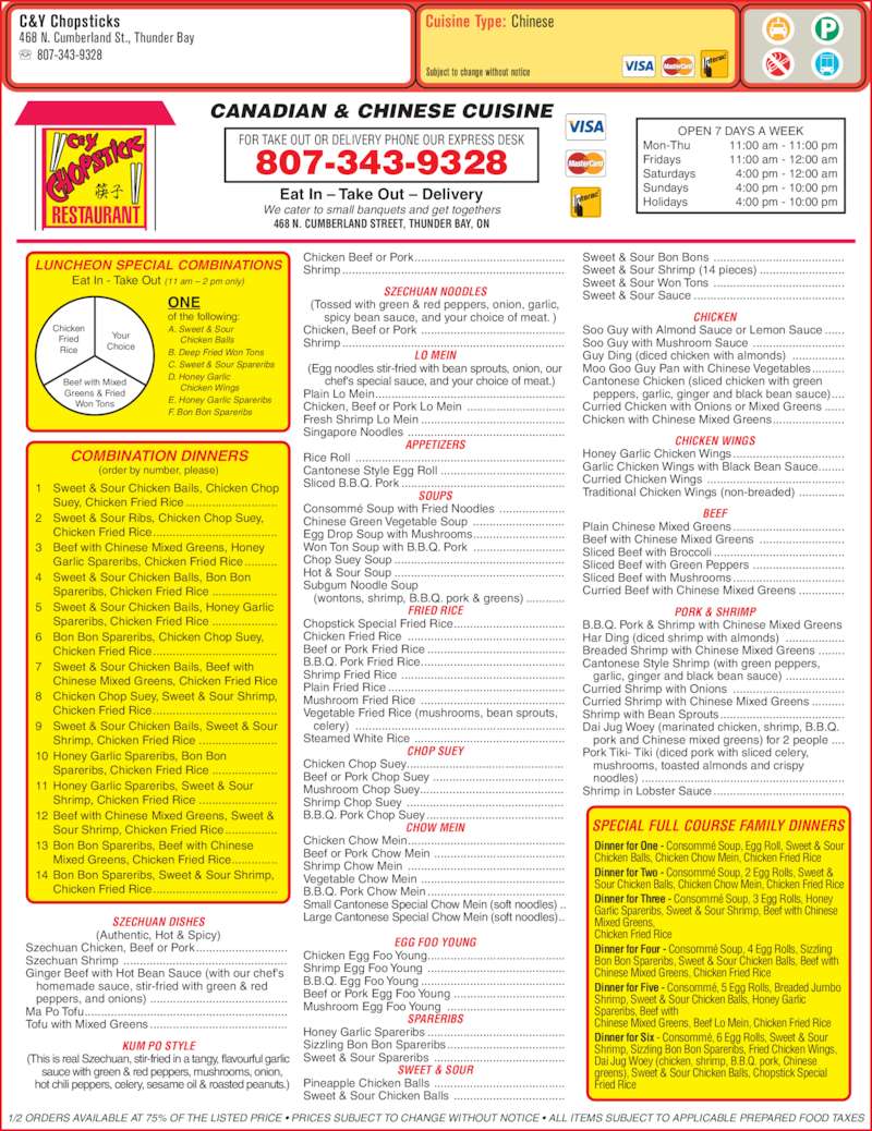 C&Y Chopsticks Menu, Hours & Prices 468 Cumberland St N, Thunder