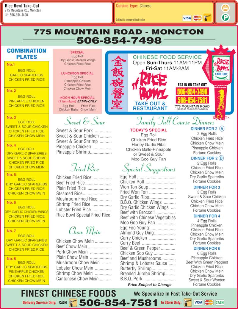 Rice Bowl Take Out Menu, Hours & Prices 775 Mountain Rd, Moncton, NB