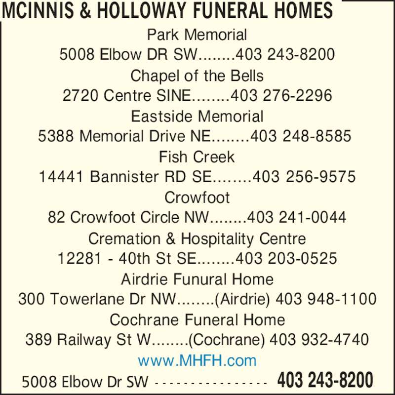 McInnis & Holloway Funeral Homes Opening Hours 5008 Elbow Dr SW