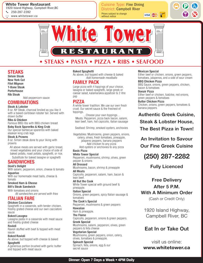 White Tower Restaurant Menu, Hours & Prices 1920 Island Hwy