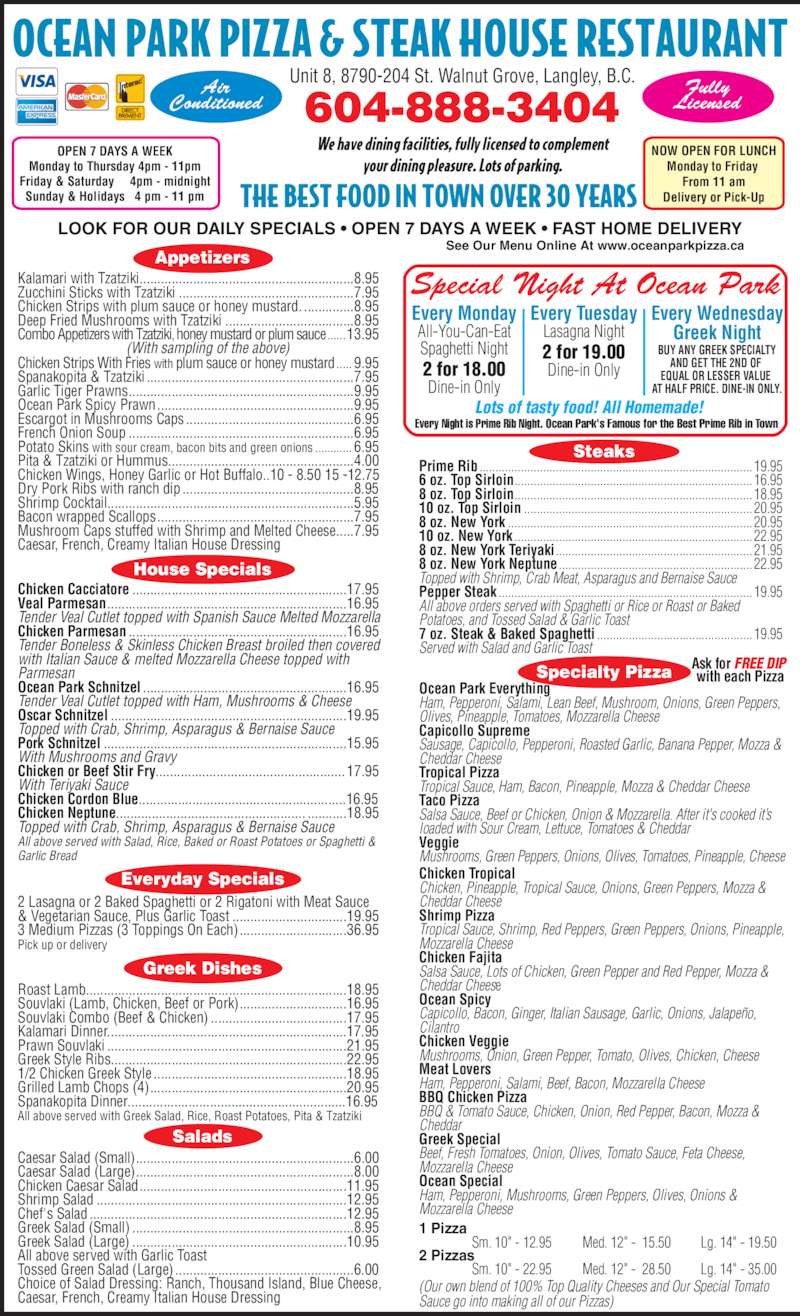 Ocean Park Pizza & Steak House Menu, Hours & Prices 88790 204th St