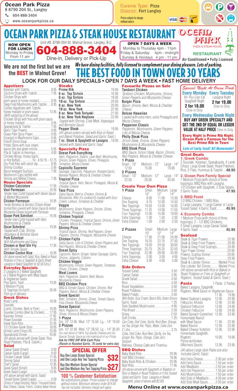 Ocean Park Pizza & Steak House Menu, Hours & Prices 88790 204th St