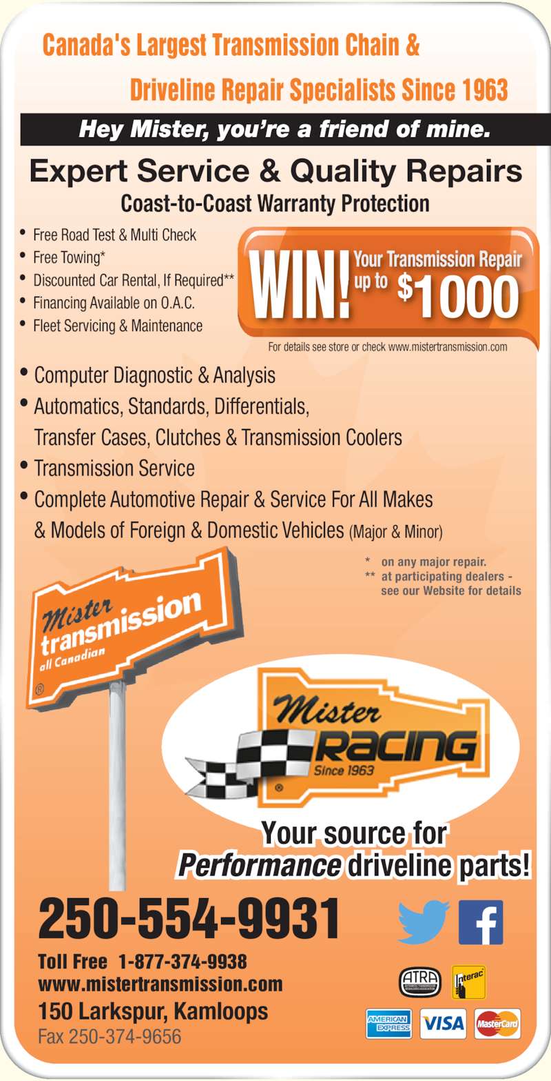 Mister Transmission Opening Hours 150B Larkspur St, Kamloops, BC
