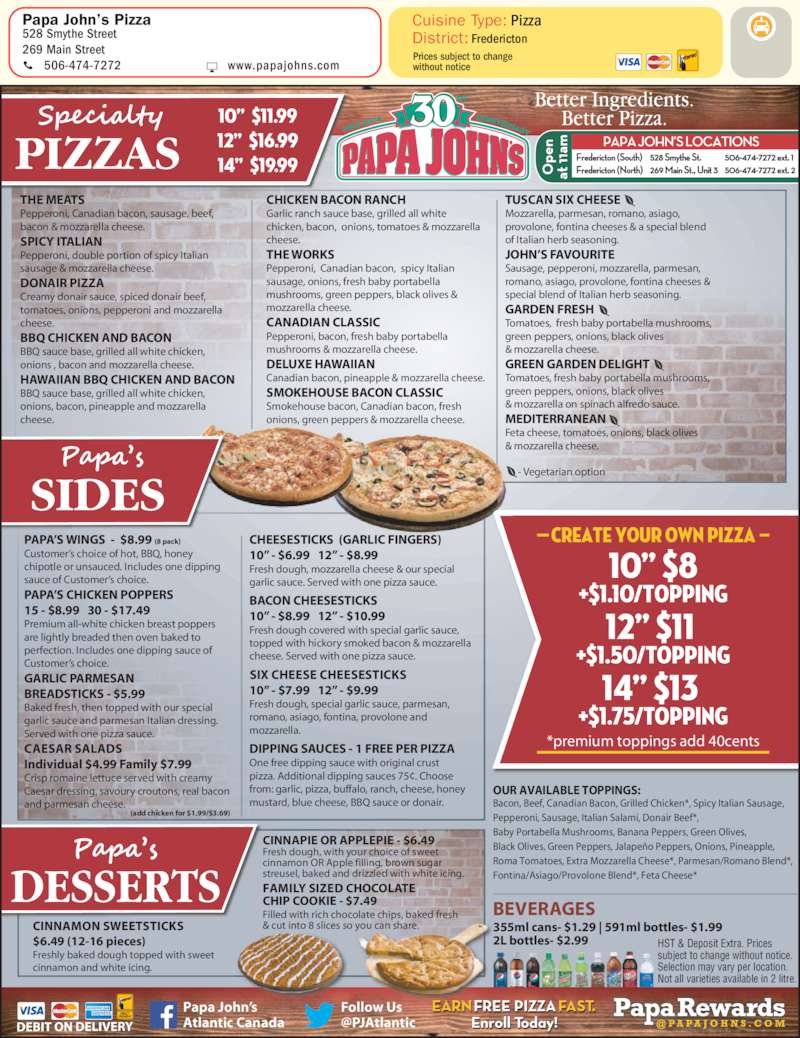 Papa John's Pizza Menu & Prices 528 Smythe St, Fredericton, NB