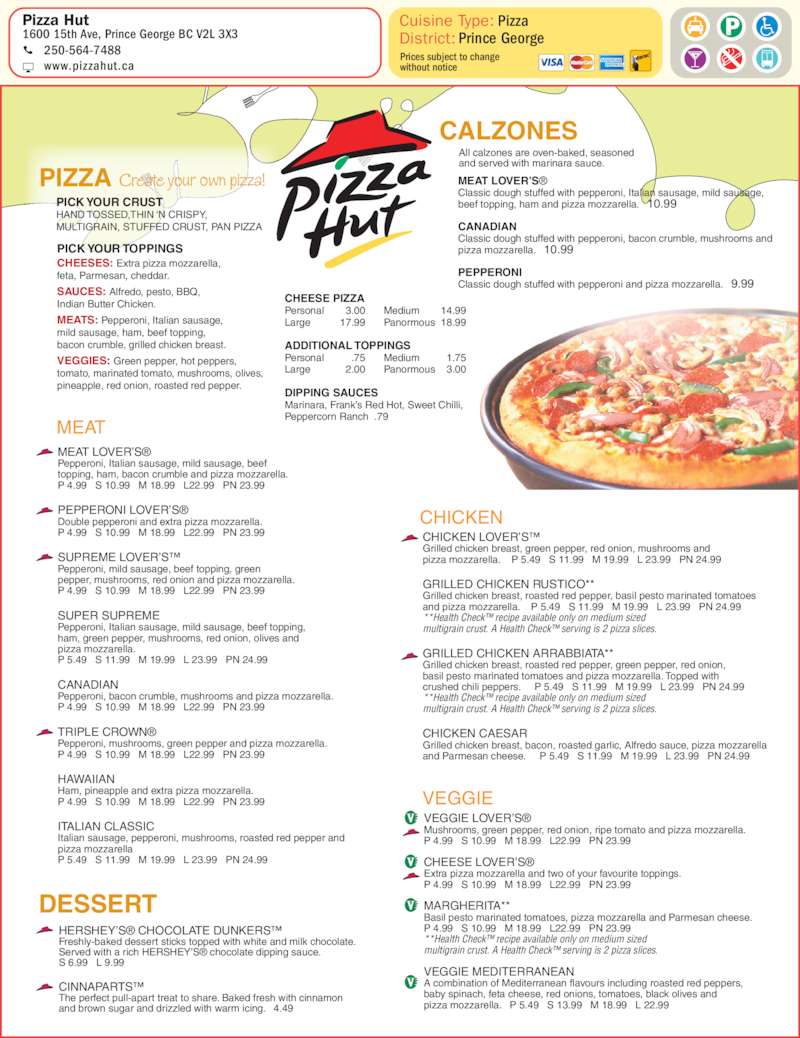 Pizza Hut Menu, Hours & Prices 1051600 15th Avenue, Prince BC