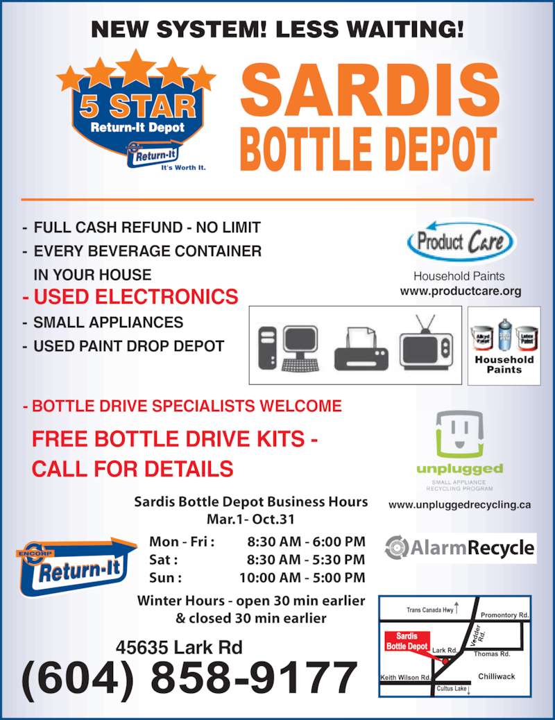 Sardis Bottle Depot Opening Hours Suite B45635 Lark Rd, Chilliwack, BC