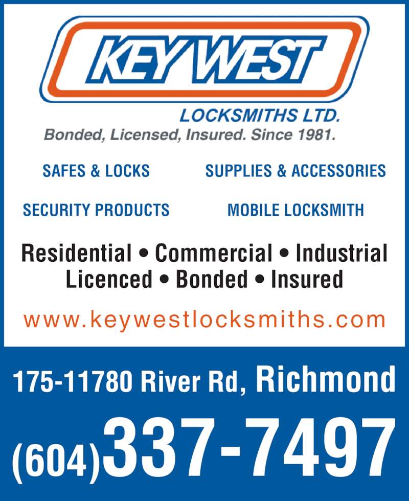 Key West Locksmiths Ltd Richmond, BC 17511780 River Rd Canpages