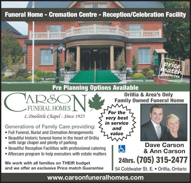 Carson Funeral HomesL Doolittle Chapel 54 Coldwater St, Orillia, ON