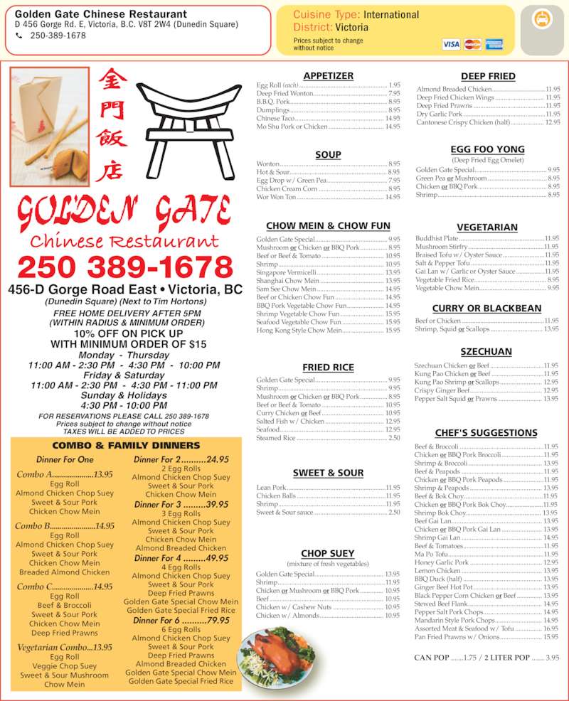 Golden Gate Chinese Restaurant Menu Hours Prices 456D Gorge Rd E 