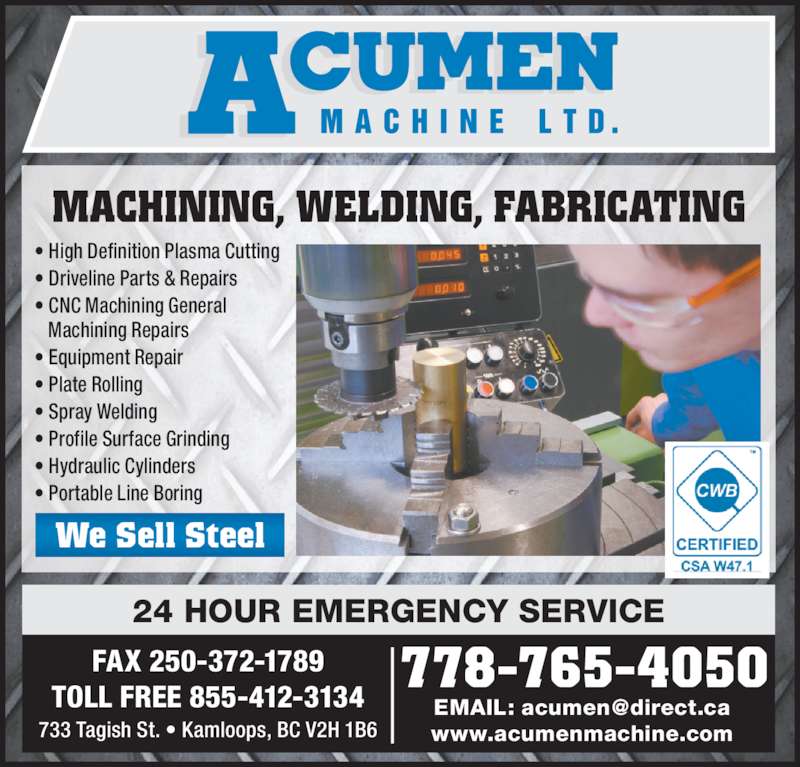Acumen Machine Ltd Opening Hours 733 Tagish St, Kamloops, BC