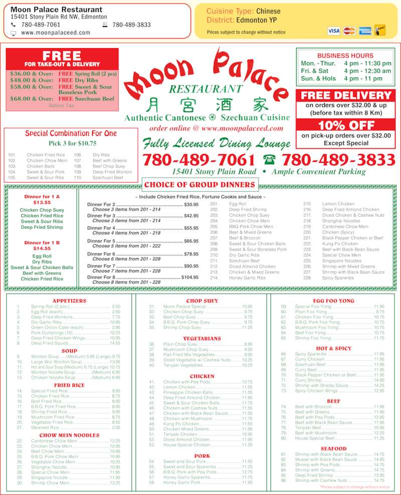 Moon Palace Restaurant Menu, Hours & Prices 15401 Stony Plain Rd NW