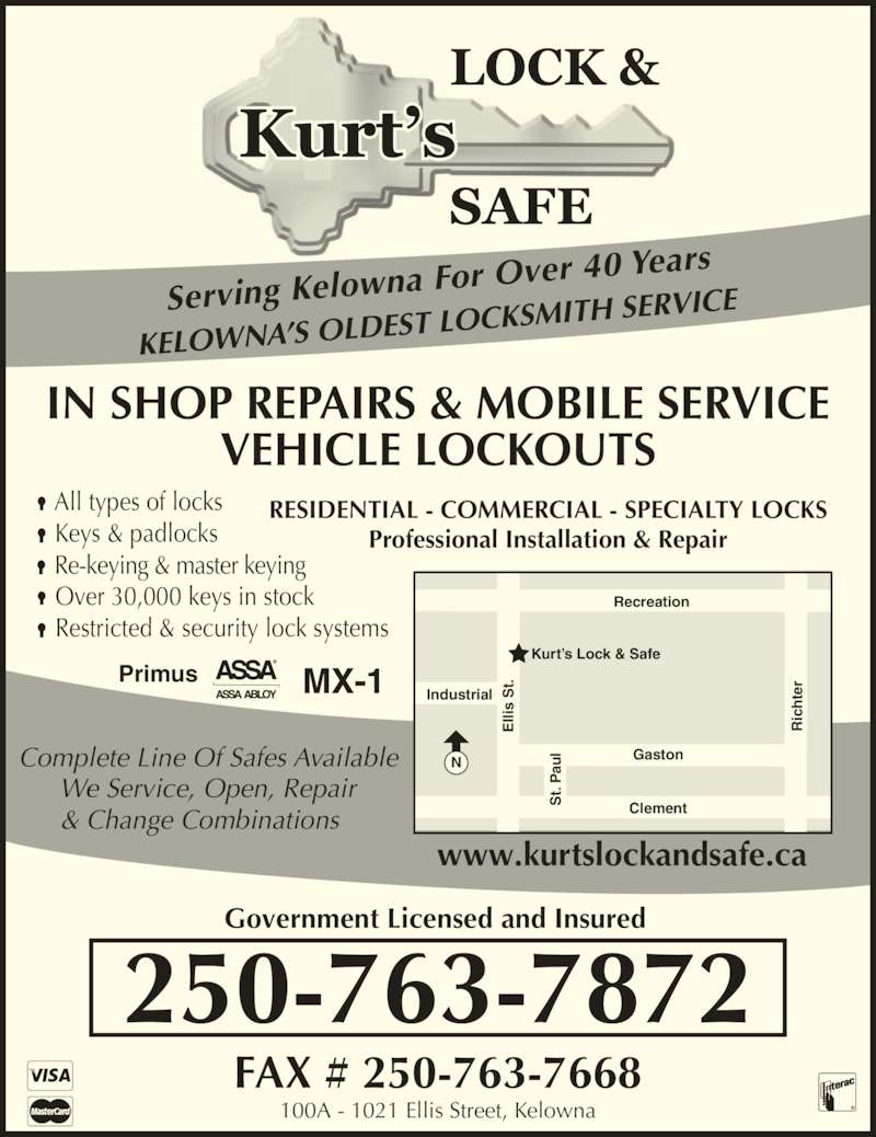 Kurt's Lock & Safe Opening Hours 100A1021 Ellis St, Kelowna, BC