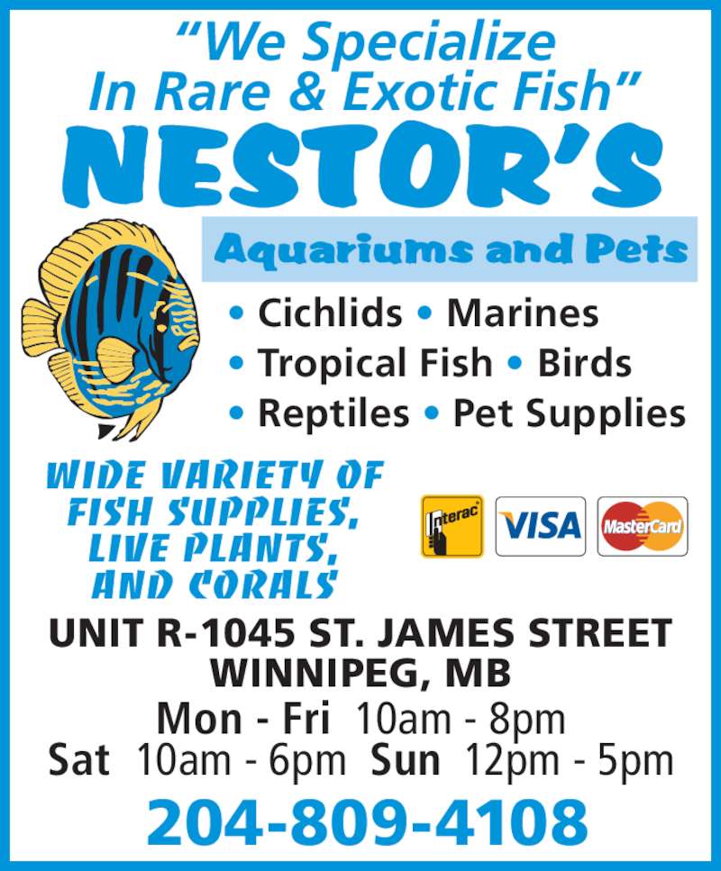 Nestor's Aquariums & Pets Opening Hours 1045R St James St, Winnipeg, MB