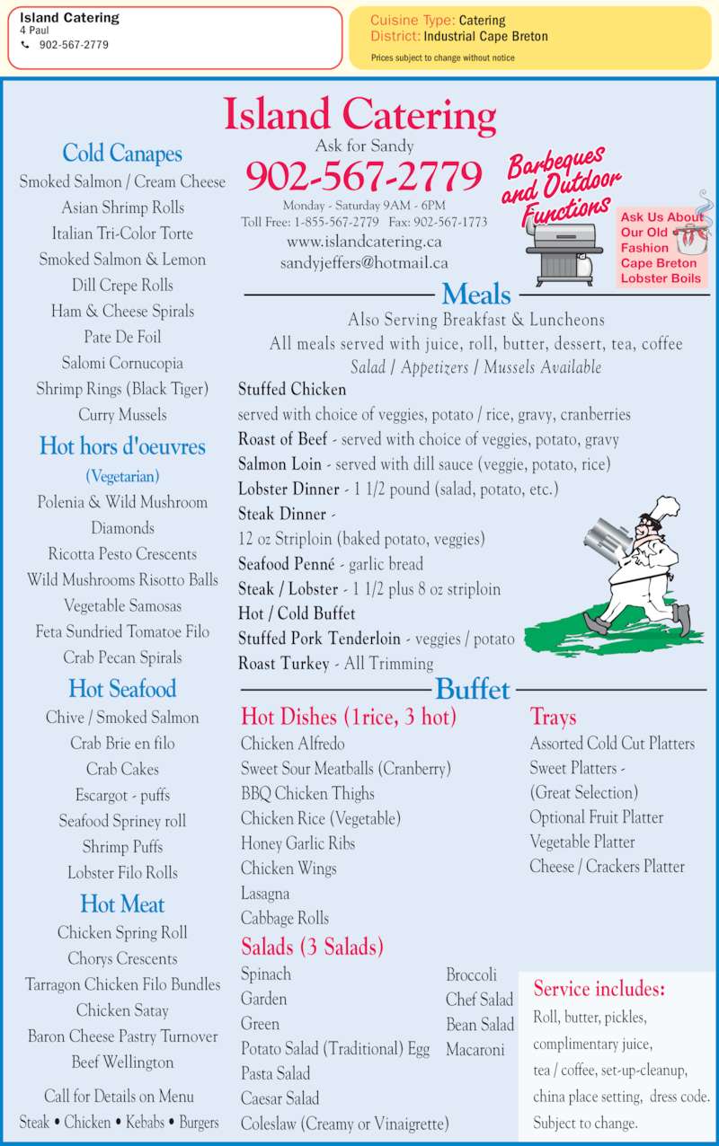 Island Catering Menu, Hours & Prices 4 Paul St, Sydney, NS