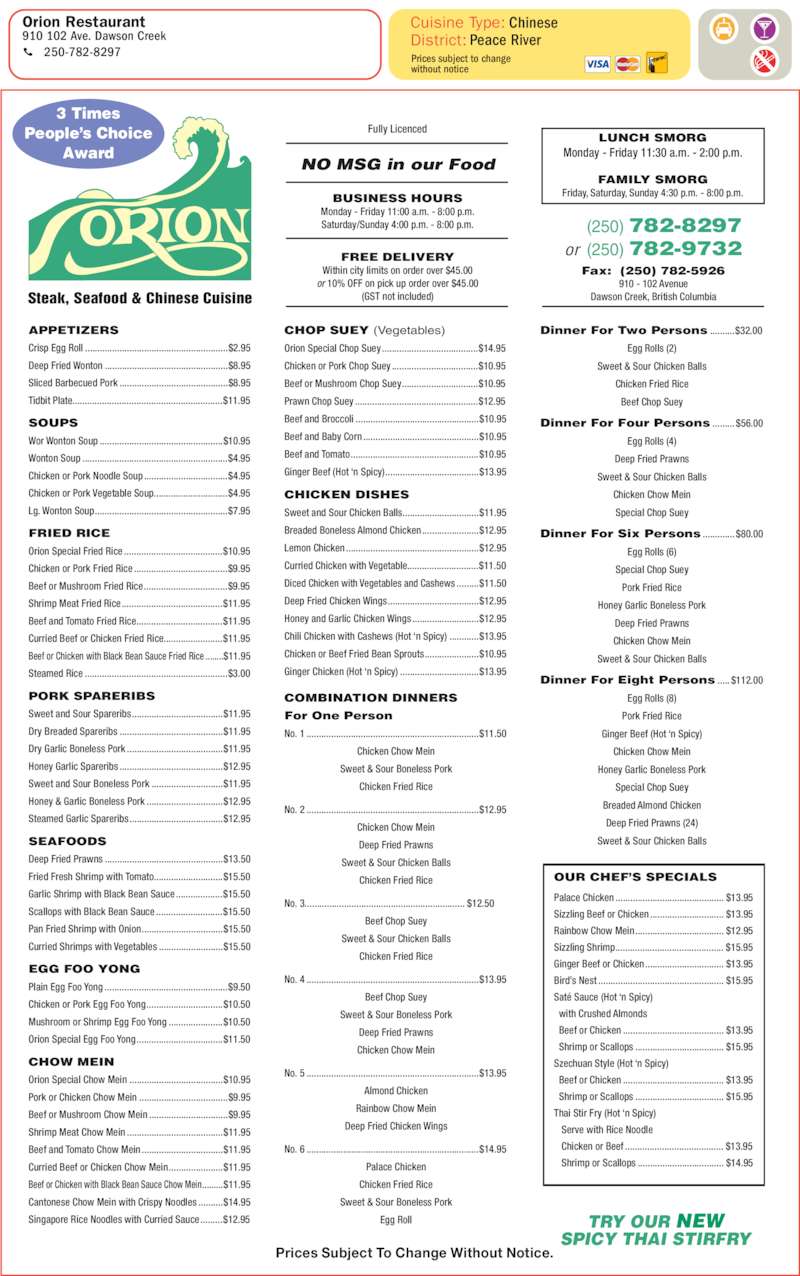 Orion Restaurant Menu, Hours & Prices 910 102 Ave, Dawson Creek, BC