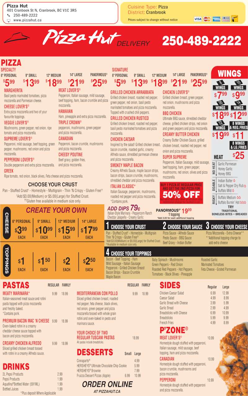 Pizza Hut Printable Menu