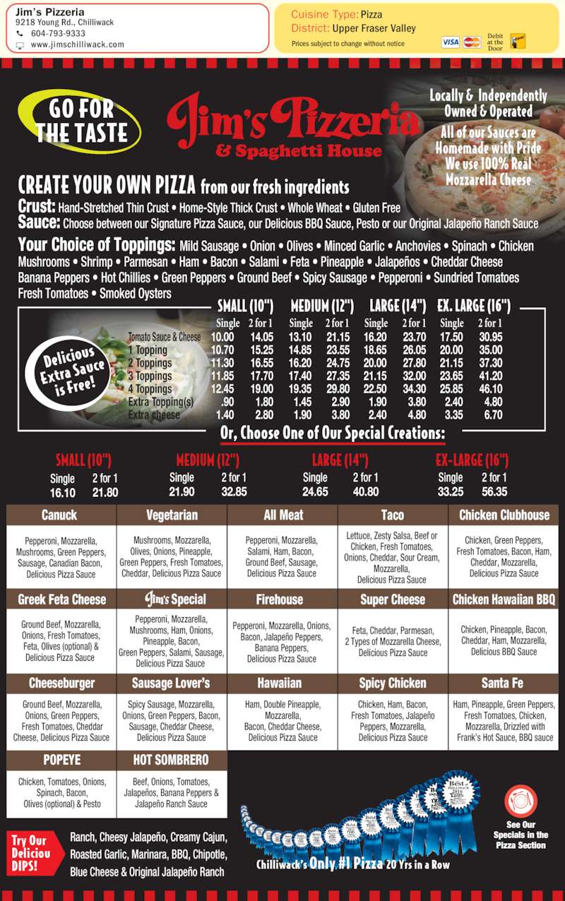 Jim's Pizzeria Menu, Hours & Prices 9218 Young Rd, Chilliwack, BC