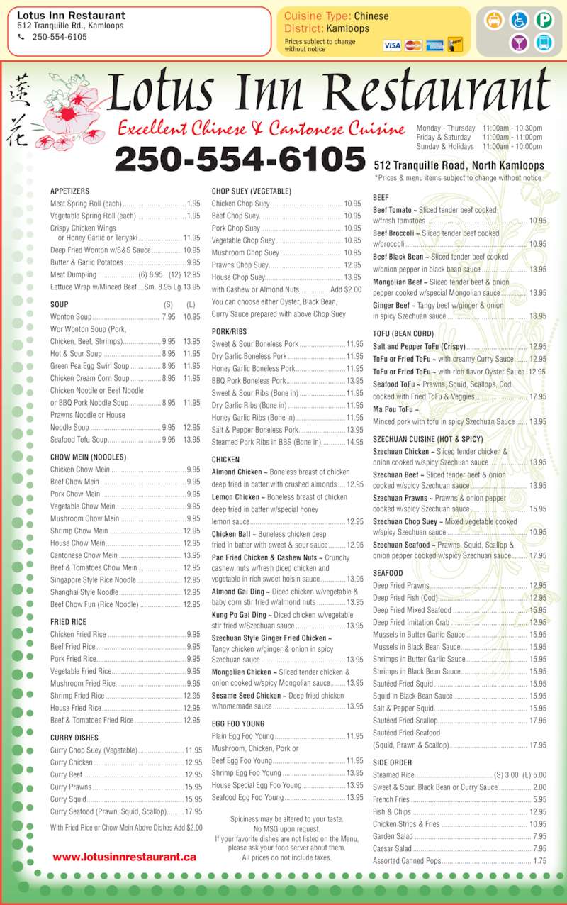 Lotus Inn Restaurant Kamloops, BC 512 Tranquille Rd Canpages