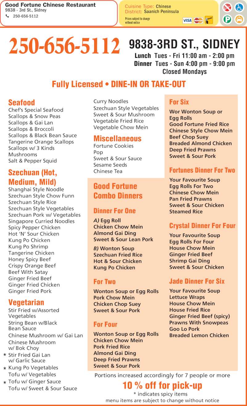 Good Fortune Restaurant Menu, Hours & Prices 9838 Third St, Sidney, BC