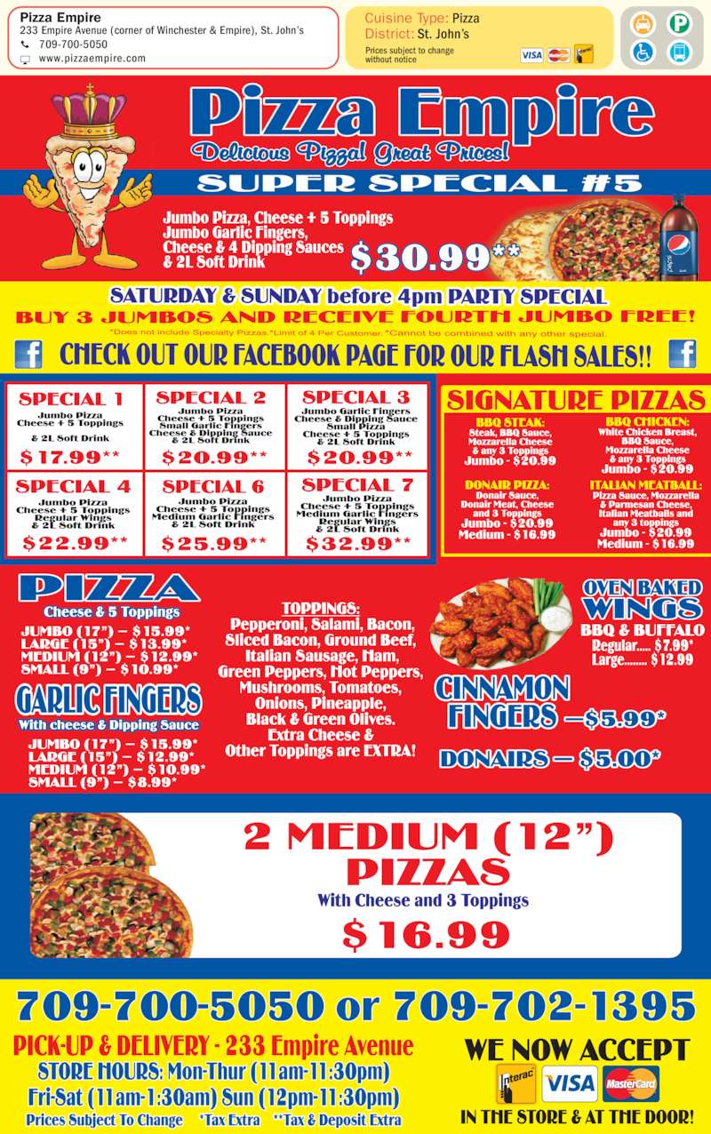 Pizza Empire Menu, Hours & Prices 233 Empire Ave, St John's, NL