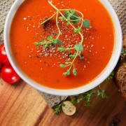 A delicious recipe for red pepper and tomato soup with a spicy egg