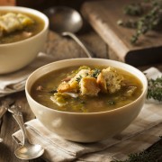 Hearty split pea soup with rye croutons